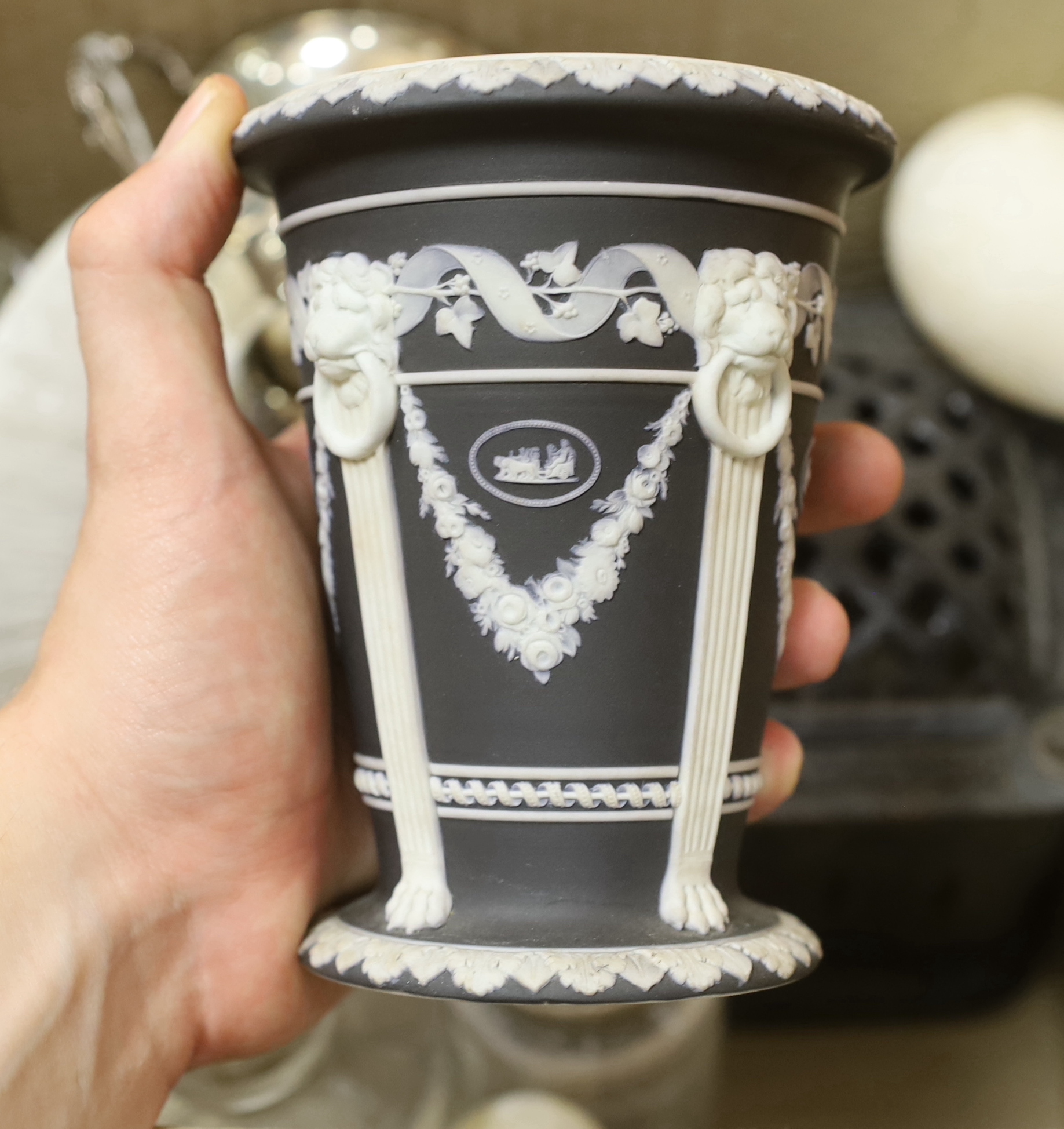 Sundry items including Victorian cast iron 'Hero Radiator', a silver twin handled cup with gilt interior, three apothecary jars